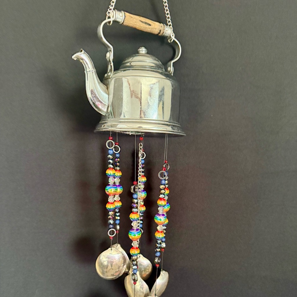 Silver Teapot Wind Chime with Colorful Beads